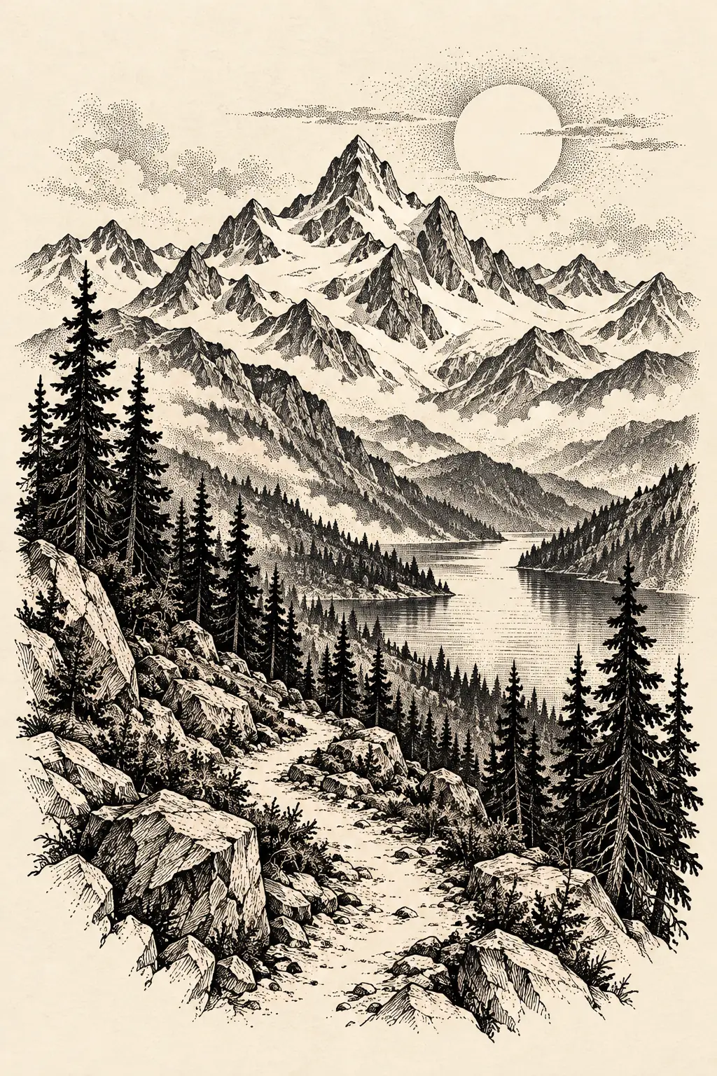 Imagem em alta resolução de tatuagem de Montanha no estilo Blackwork, referência para Costela