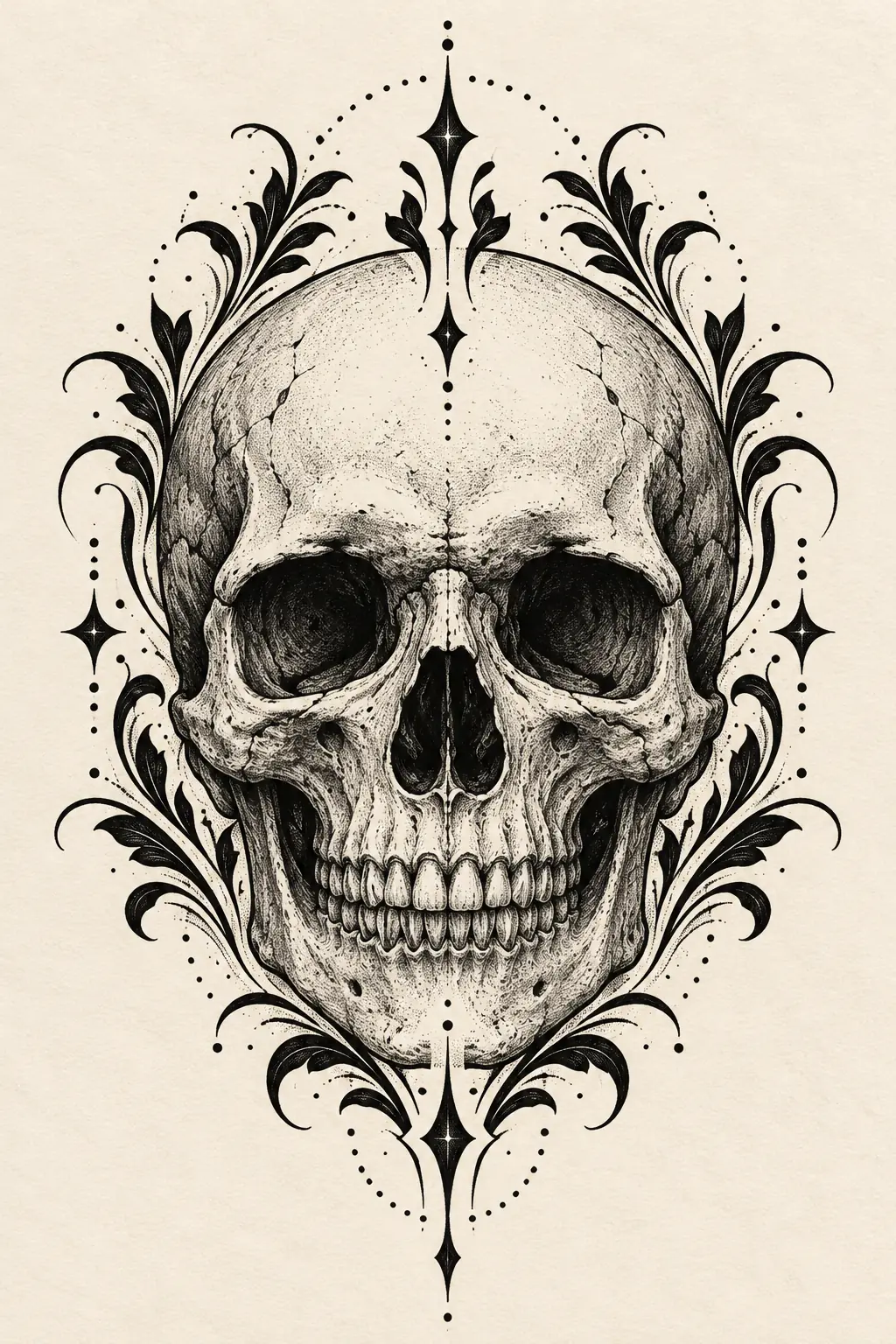 Imagem em alta resolução de tatuagem de Caveira no estilo Blackwork, referência para Peito