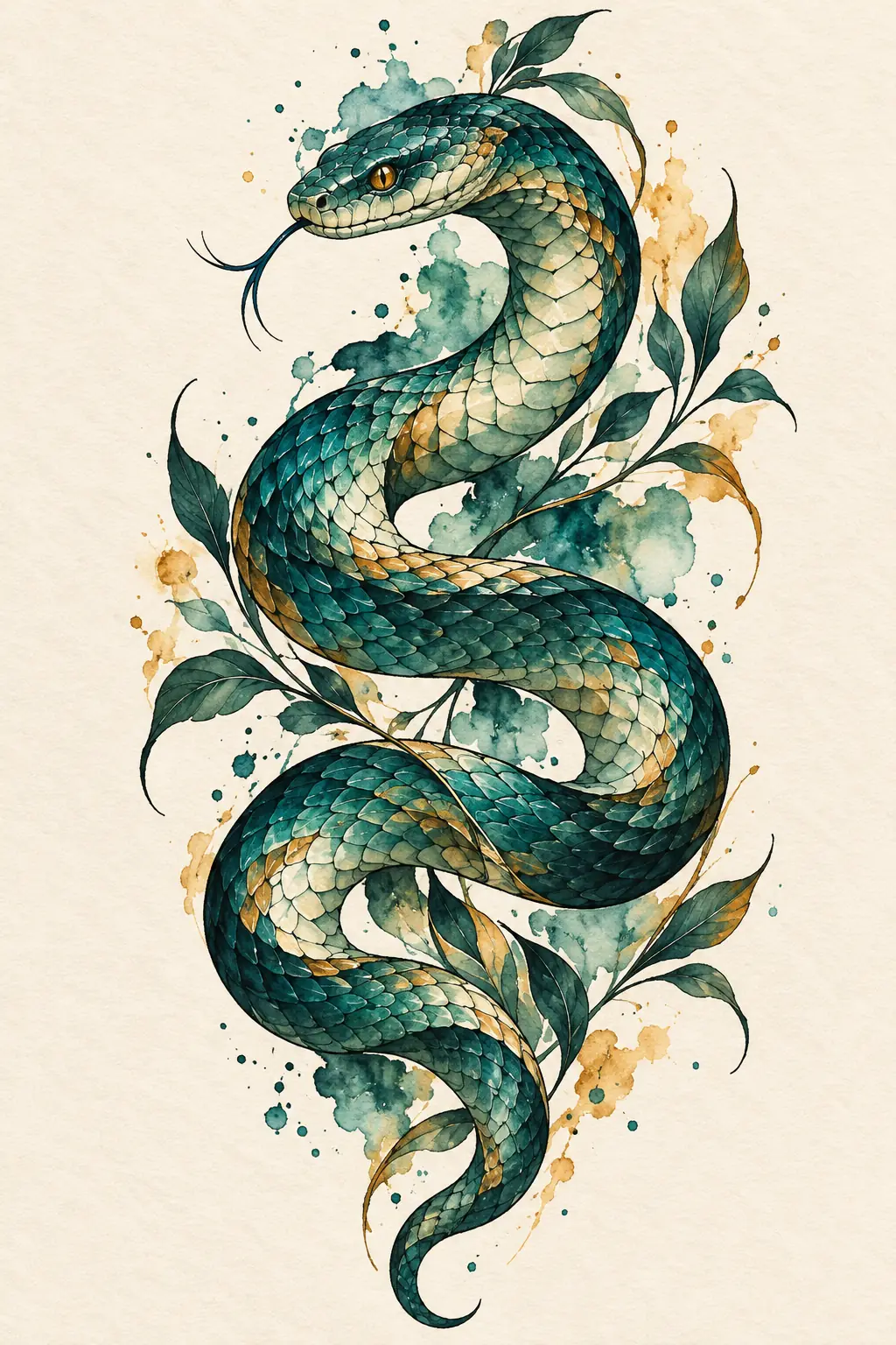 Imagem em alta resolução de tatuagem de Serpente no estilo Aquarela, referência para Costela