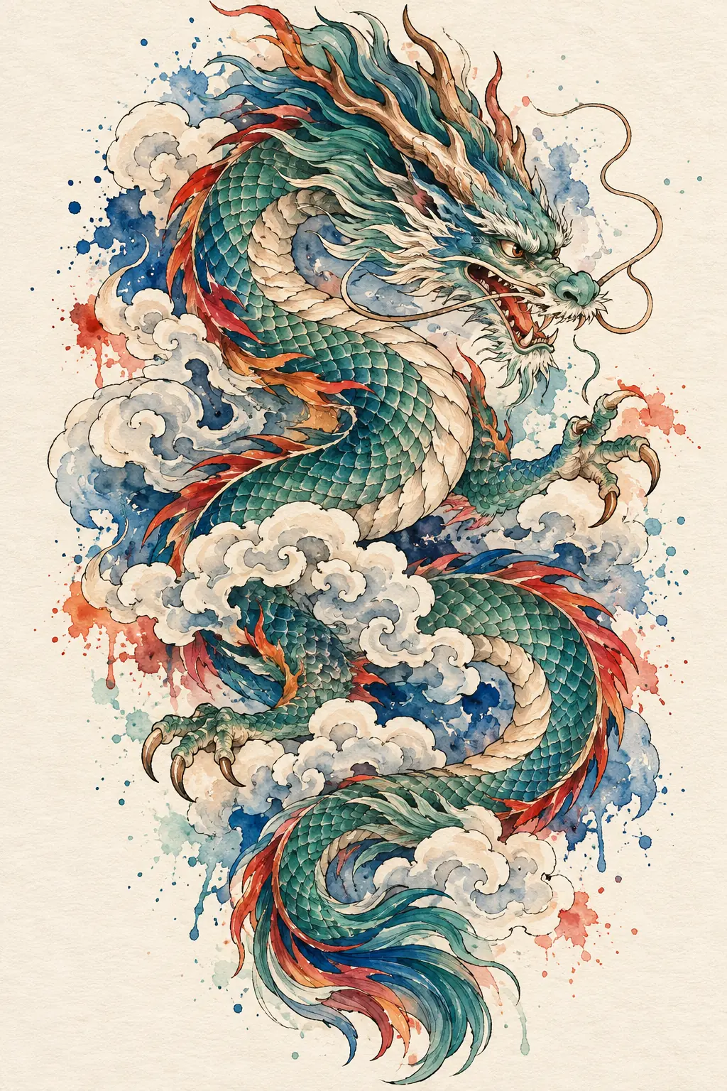 Imagem em alta resolução de tatuagem de Dragão no estilo Aquarela, referência para Perna