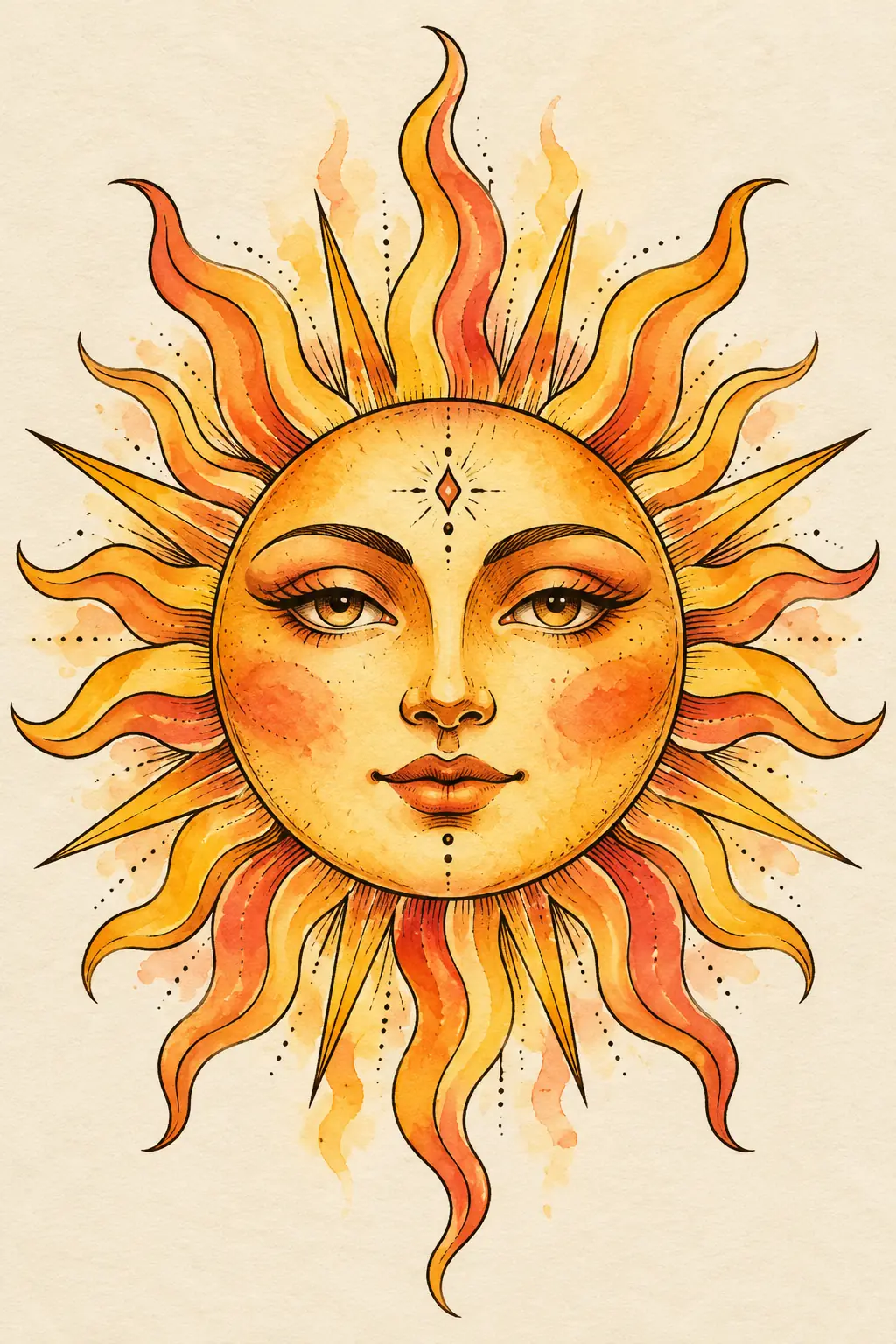 Imagem em alta resolução de tatuagem de Sol no estilo Aquarela, referência para Coxa
