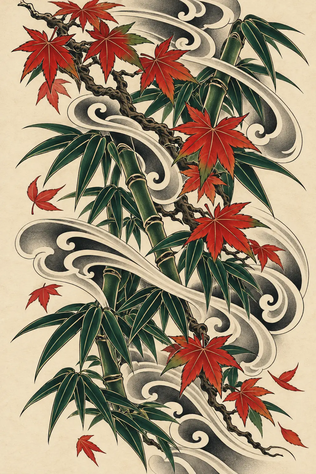 Imagem em alta resolução de tatuagem de Folhagem no estilo Japonês / Irezumi, referência para Braço