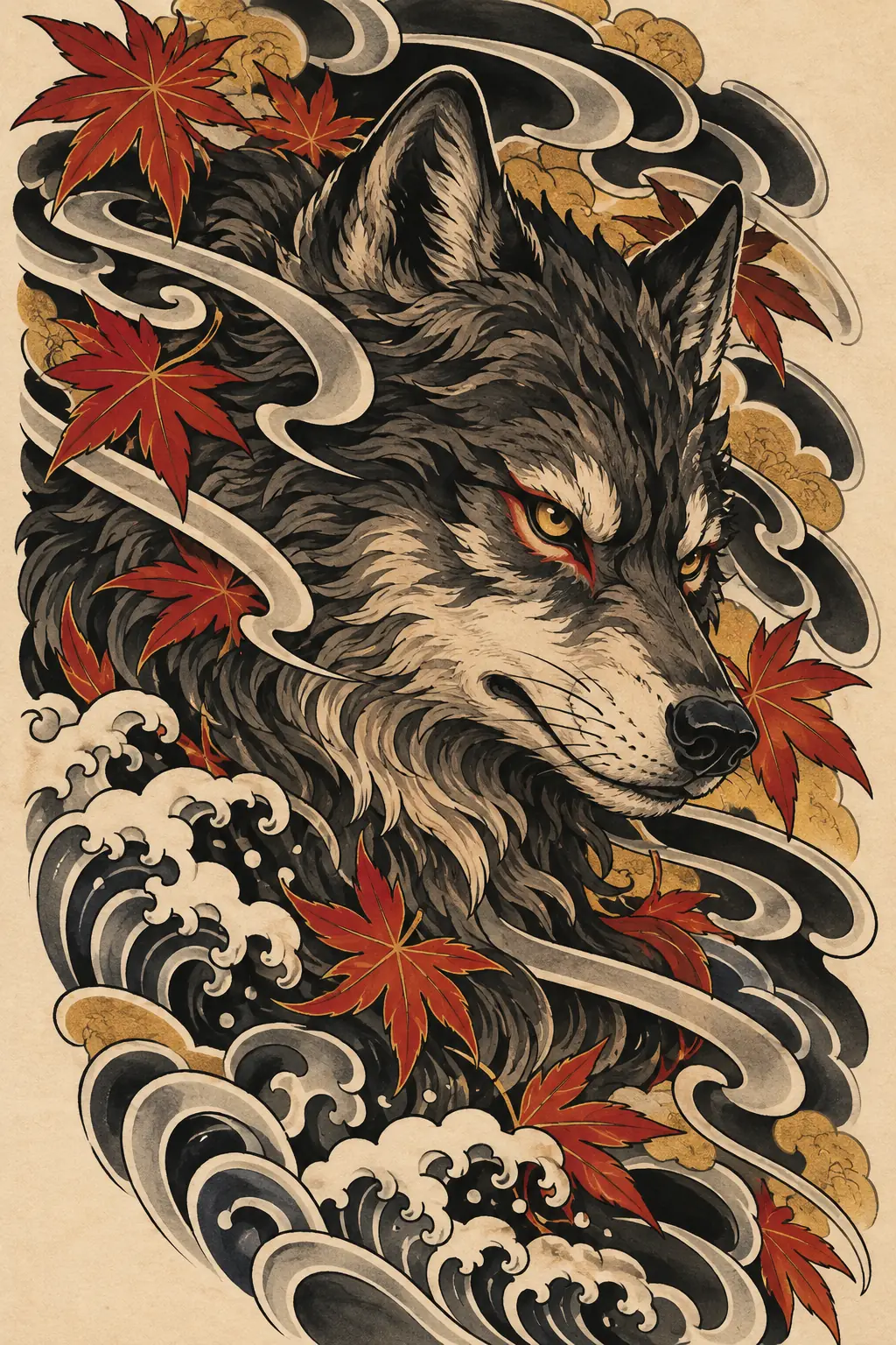 Imagem em alta resolução de tatuagem de Lobo no estilo Japonês / Irezumi, referência para Peito