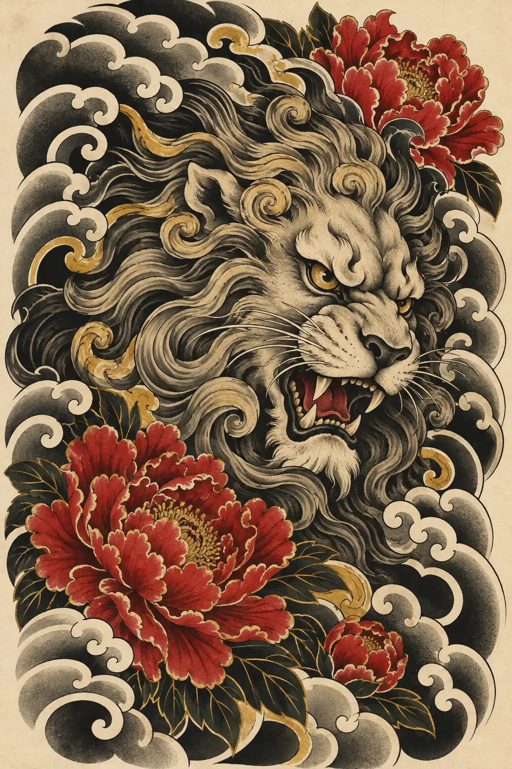 Imagem em alta resolução de tatuagem de Leão no estilo Japonês / Irezumi, referência para Coxa