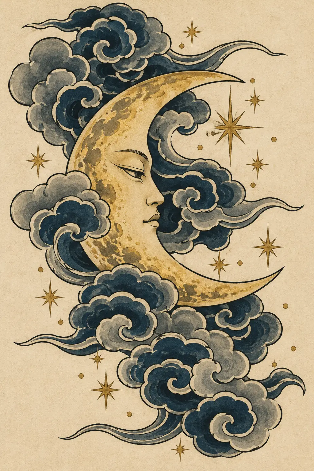 Imagem em alta resolução de tatuagem de Lua no estilo Japonês / Irezumi, referência para Fechamento / Manga