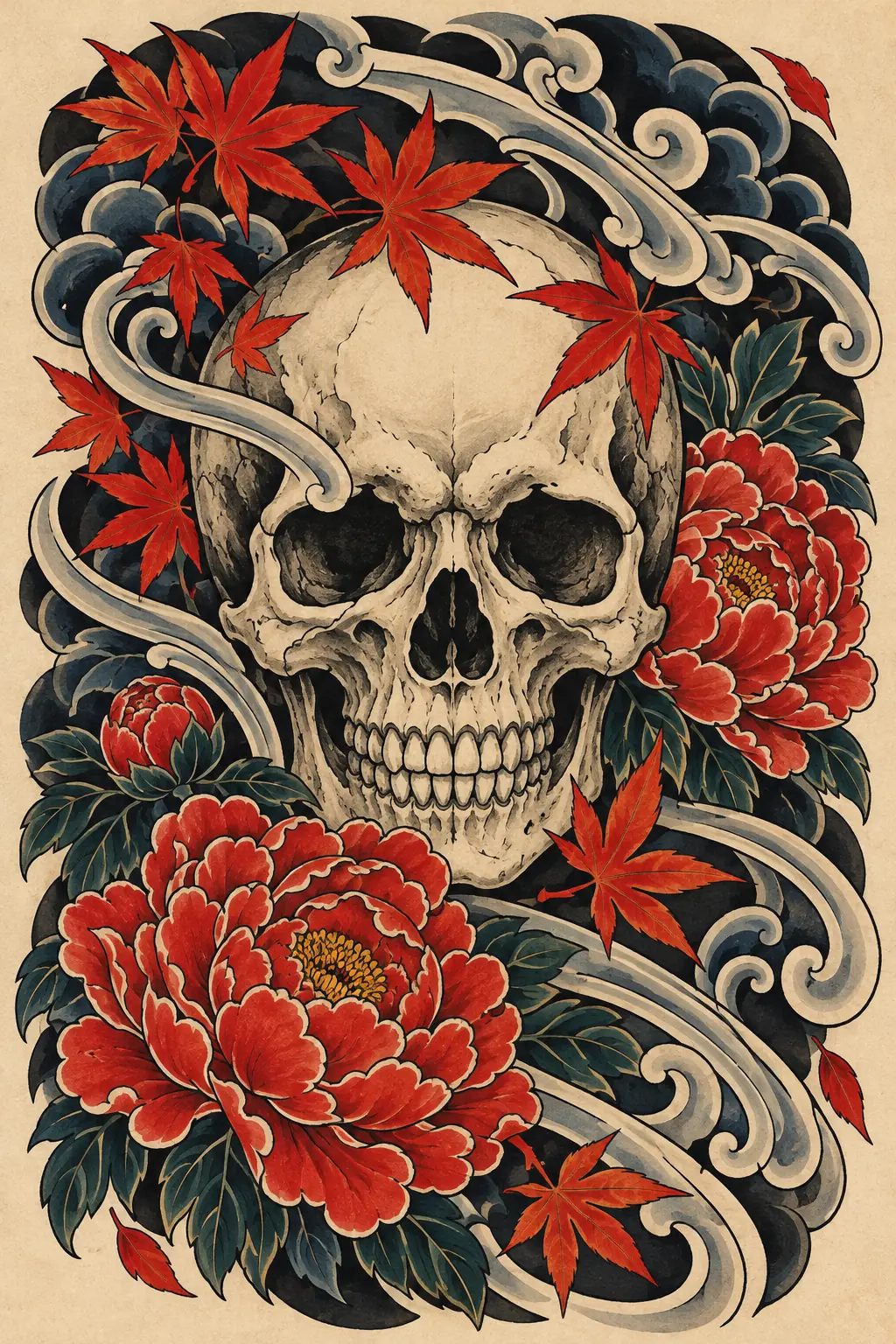 Imagem em alta resolução de tatuagem de Caveira no estilo Japonês / Irezumi, referência para Coxa