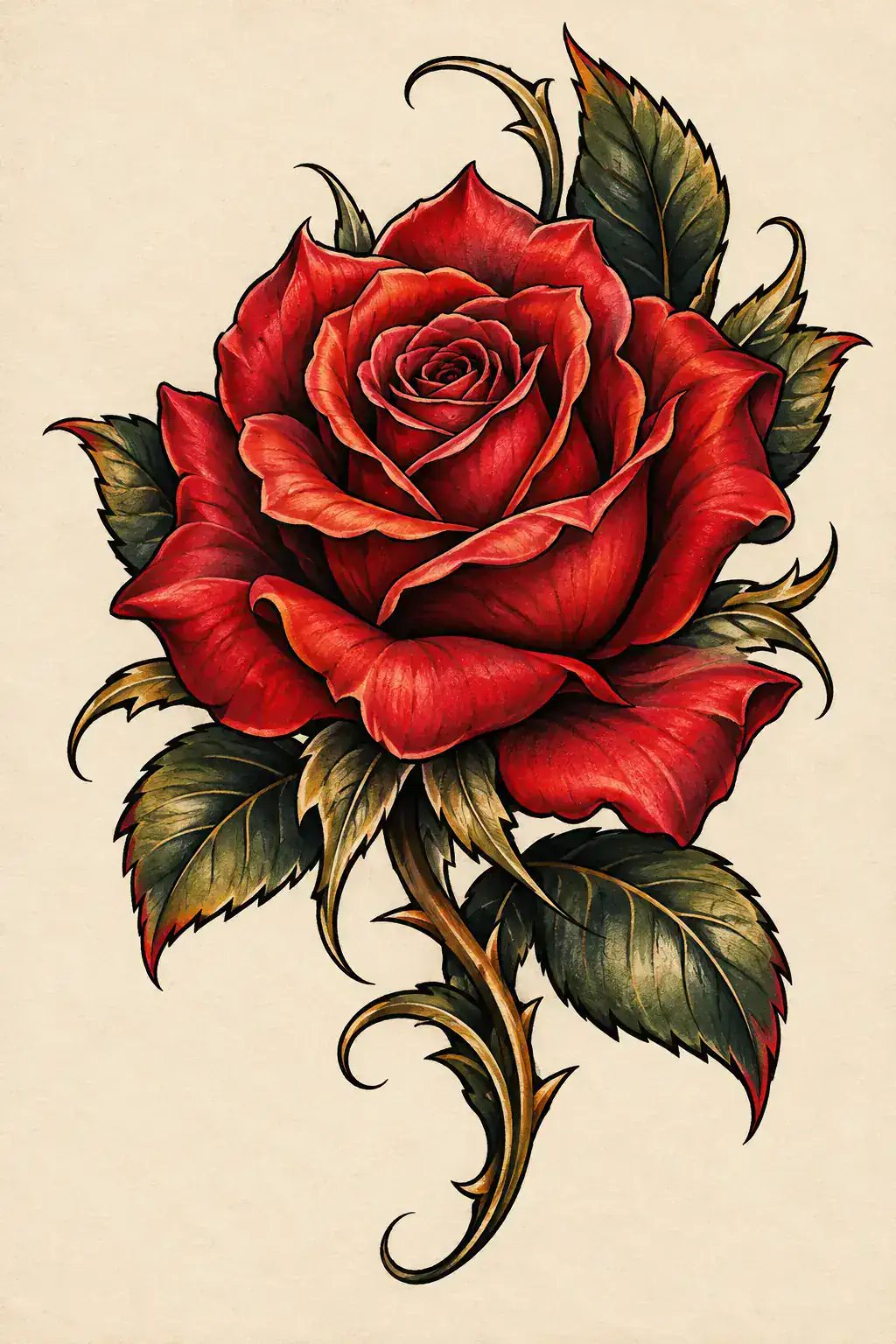 Ilustração de tatuagem de rosa no estilo Neotradicional, referência original para mão