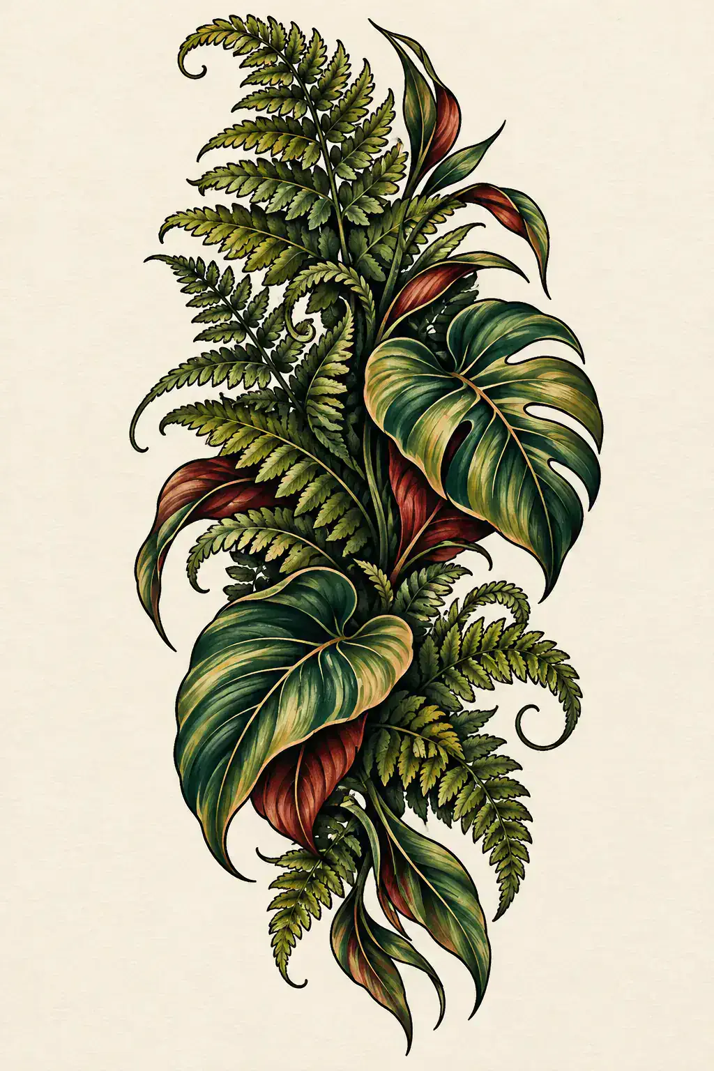 Ilustração de tatuagem de folhagem no estilo Neotradicional, referência original para panturrilha