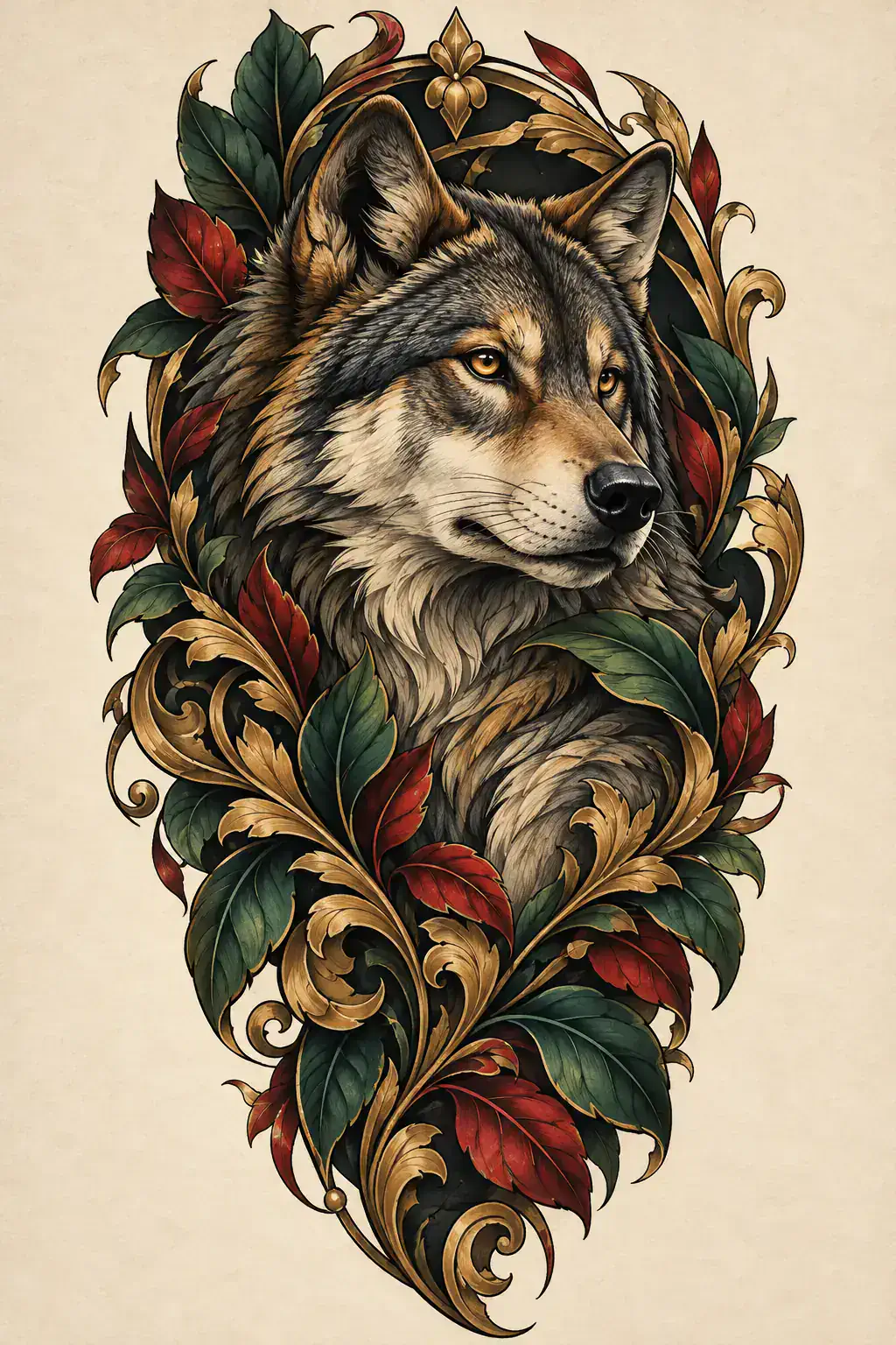 Ilustração de tatuagem de lobo no estilo Neotradicional, referência original para fechamento / manga