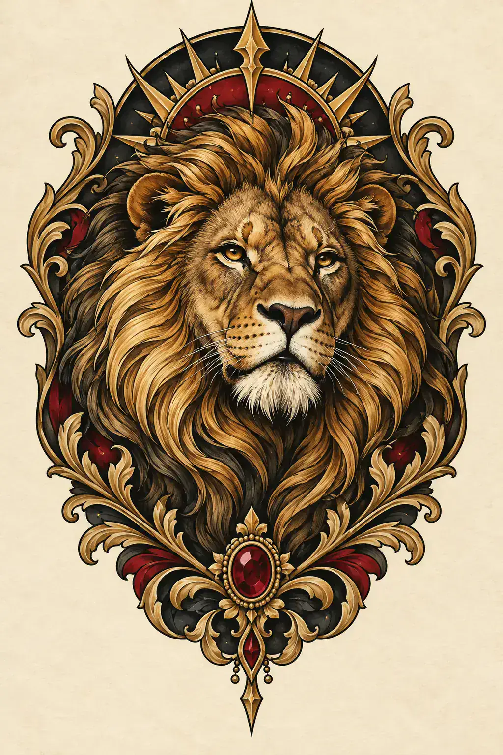 Ilustração de tatuagem de leão no estilo Neotradicional, referência original para ombro