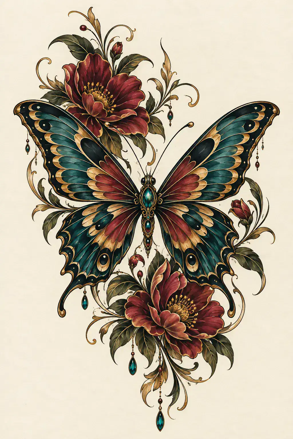 Ilustração de tatuagem de borboleta no estilo Neotradicional, referência original para costela