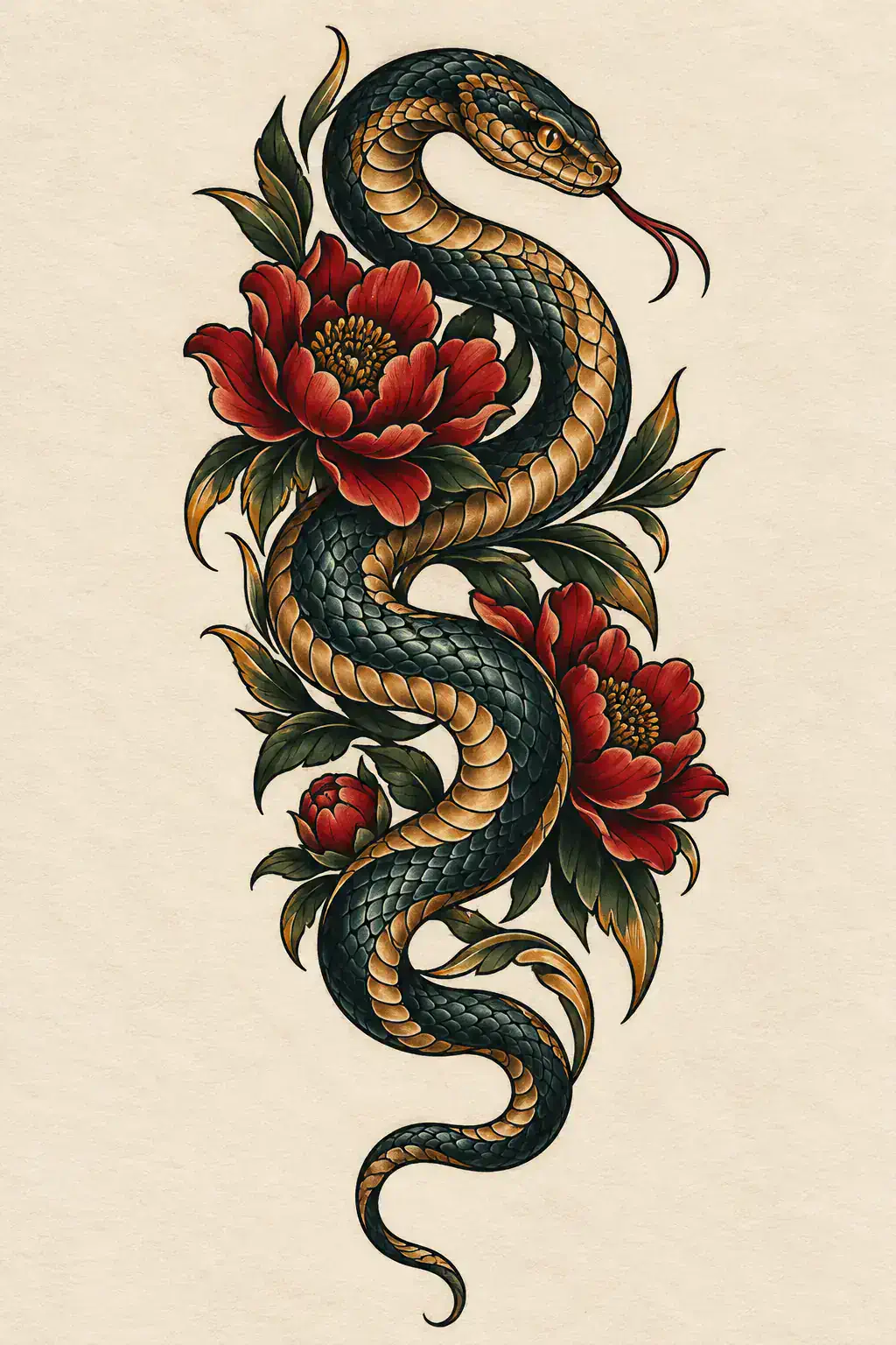 Ilustração de tatuagem de serpente no estilo Neotradicional, referência original para perna