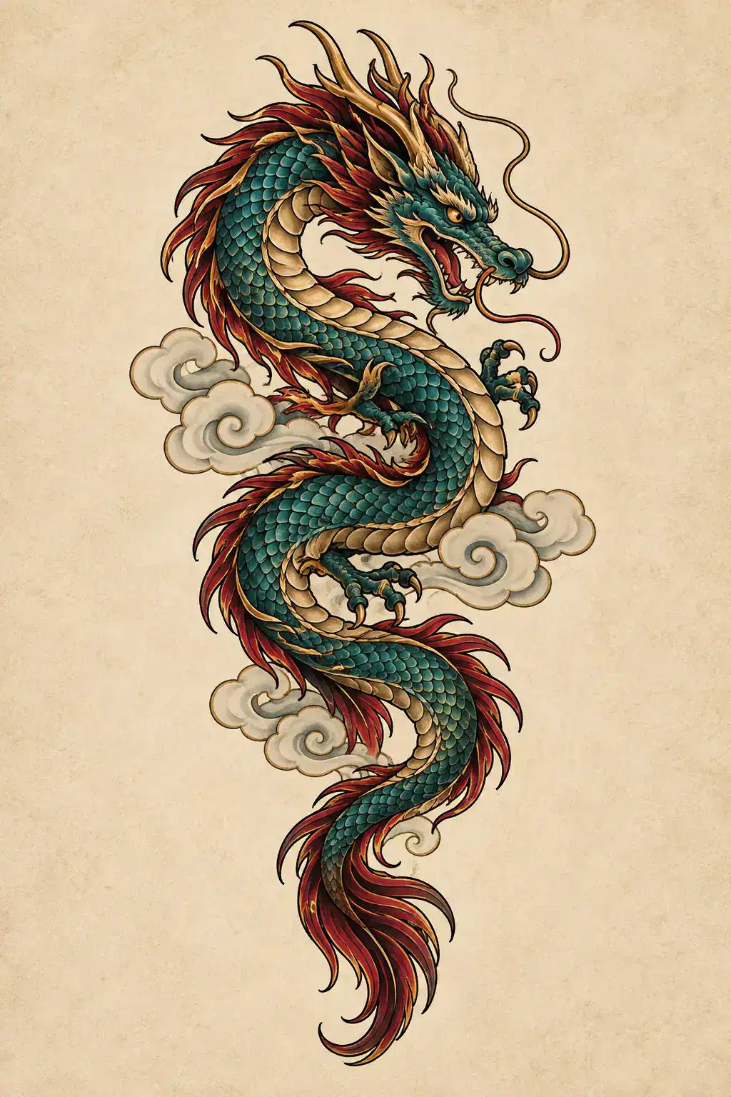 Ilustração de tatuagem de dragão no estilo Neotradicional, referência original para nuca
