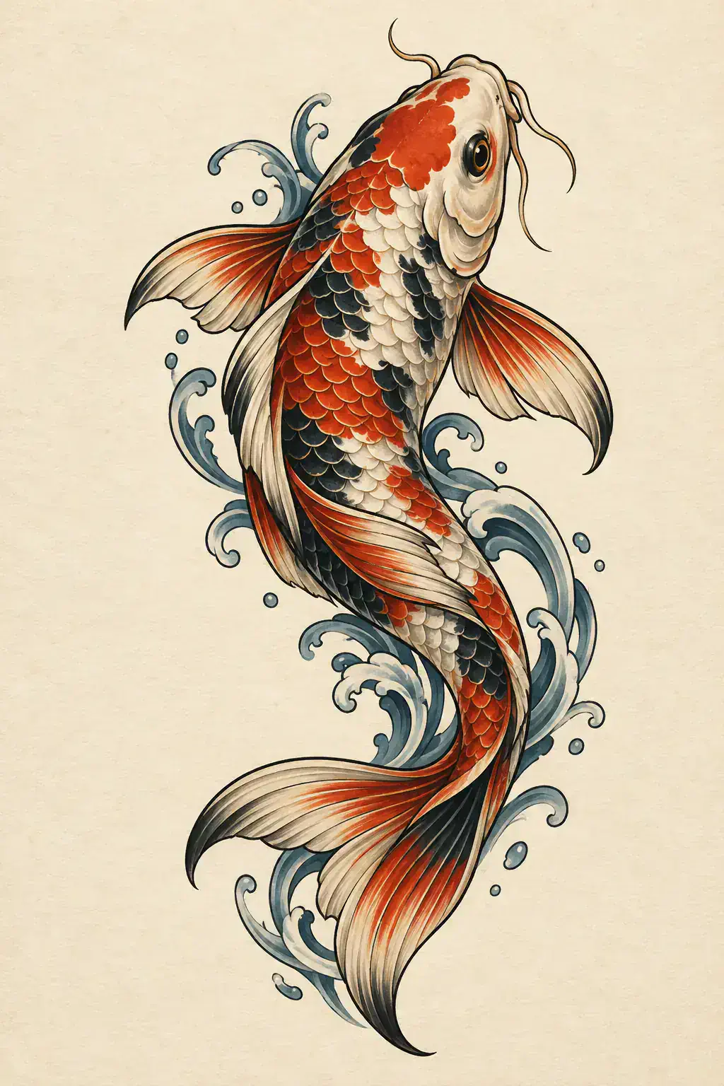 Ilustração de tatuagem de carpa no estilo Neotradicional, referência original para braço