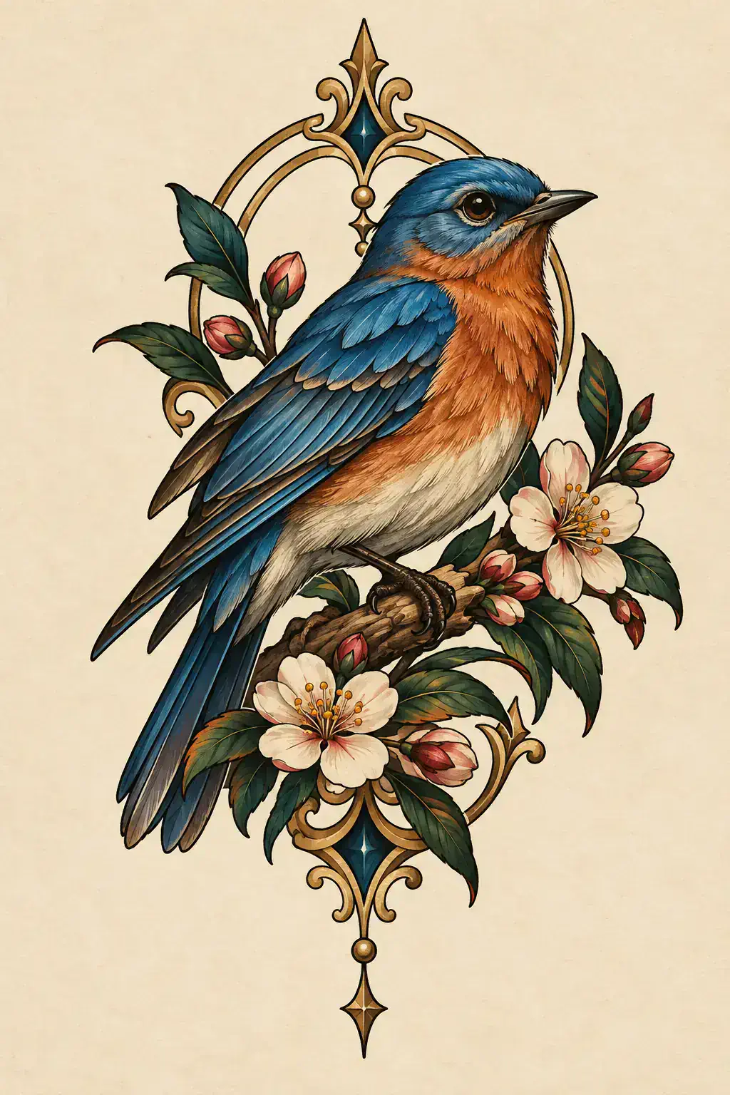 Ilustração de tatuagem de pássaro no estilo Neotradicional, referência original para peito