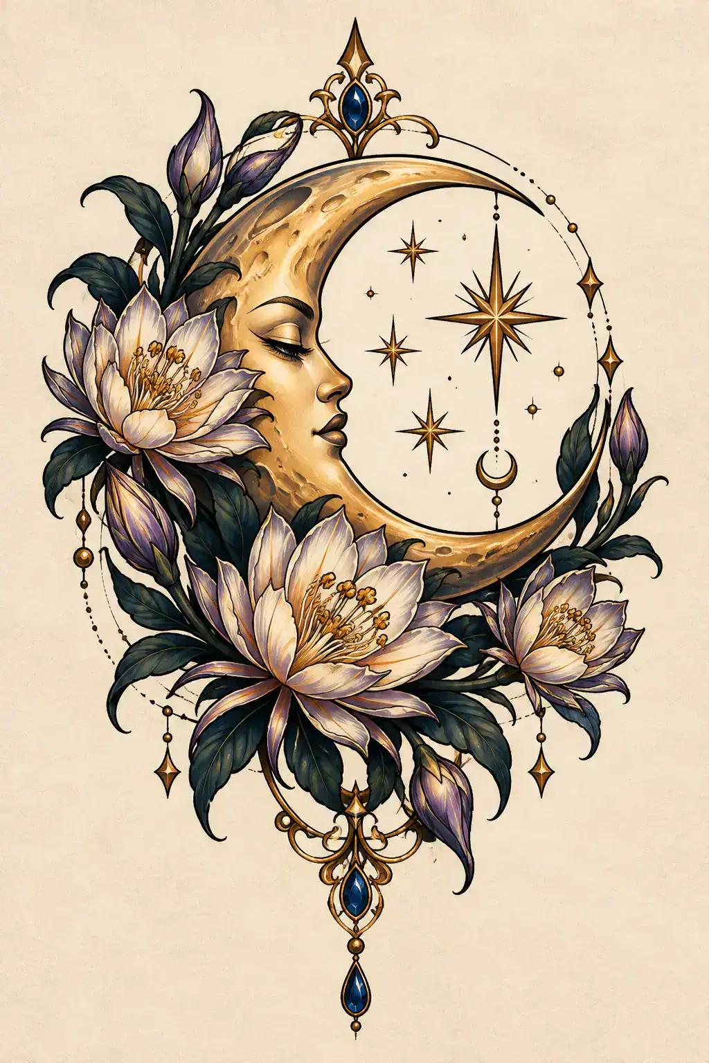 Ilustração de tatuagem de lua no estilo Neotradicional, referência original para coxa