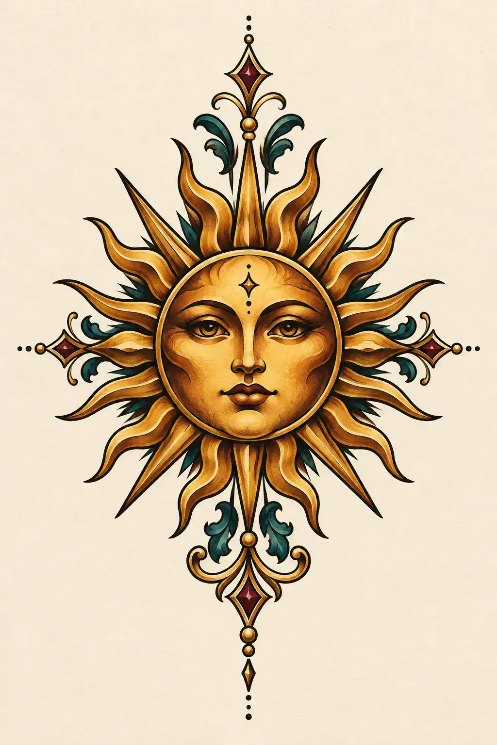 Ilustração de tatuagem de sol no estilo Neotradicional, referência original para tornozelo
