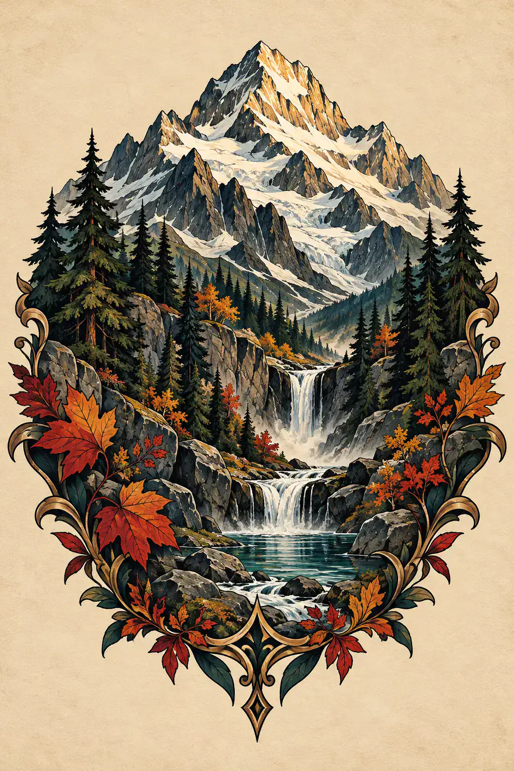 Ilustração de tatuagem de montanha no estilo Neotradicional, referência original para costas