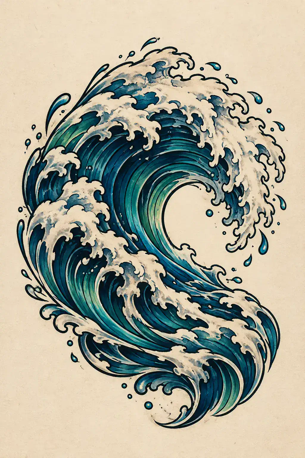 Ilustração de tatuagem de onda no estilo Neotradicional, referência original para mão
