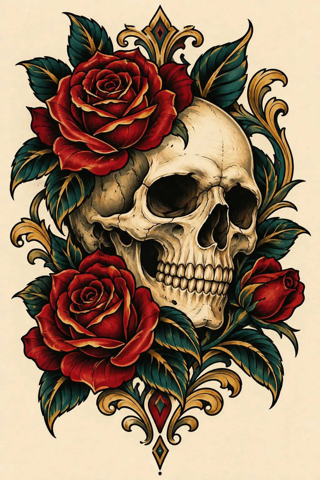 Imagem em alta resolução de tatuagem de Caveira no estilo Neotradicional, referência para Ombro