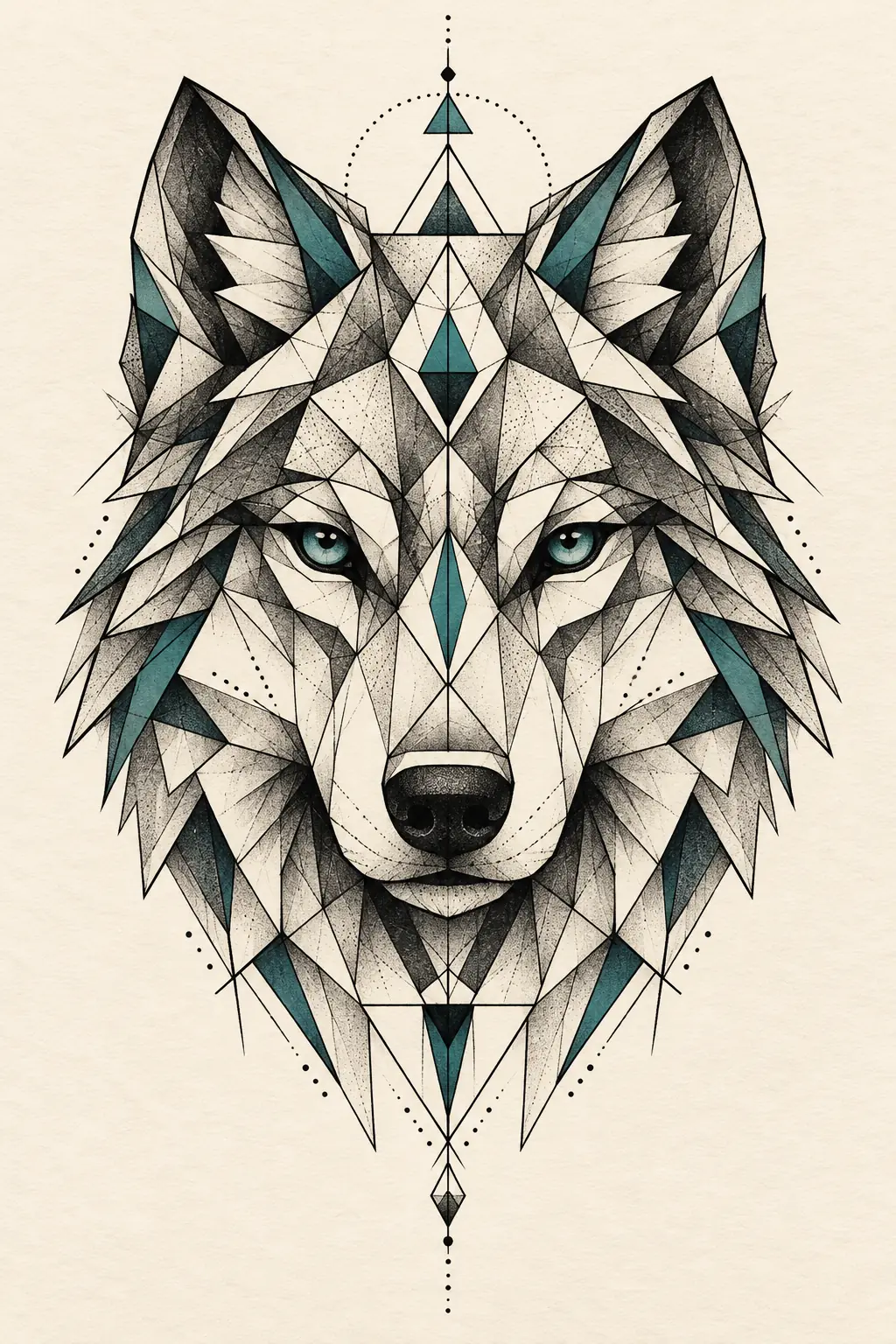 Imagem em alta resolução de tatuagem de lobo no estilo geométrico, referência para coxa