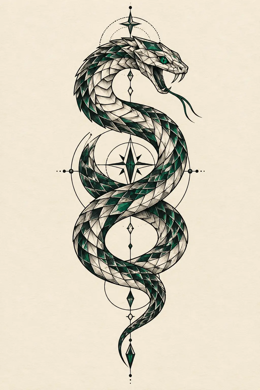 Imagem em alta resolução de tatuagem de serpente no estilo geométrico, referência para costas
