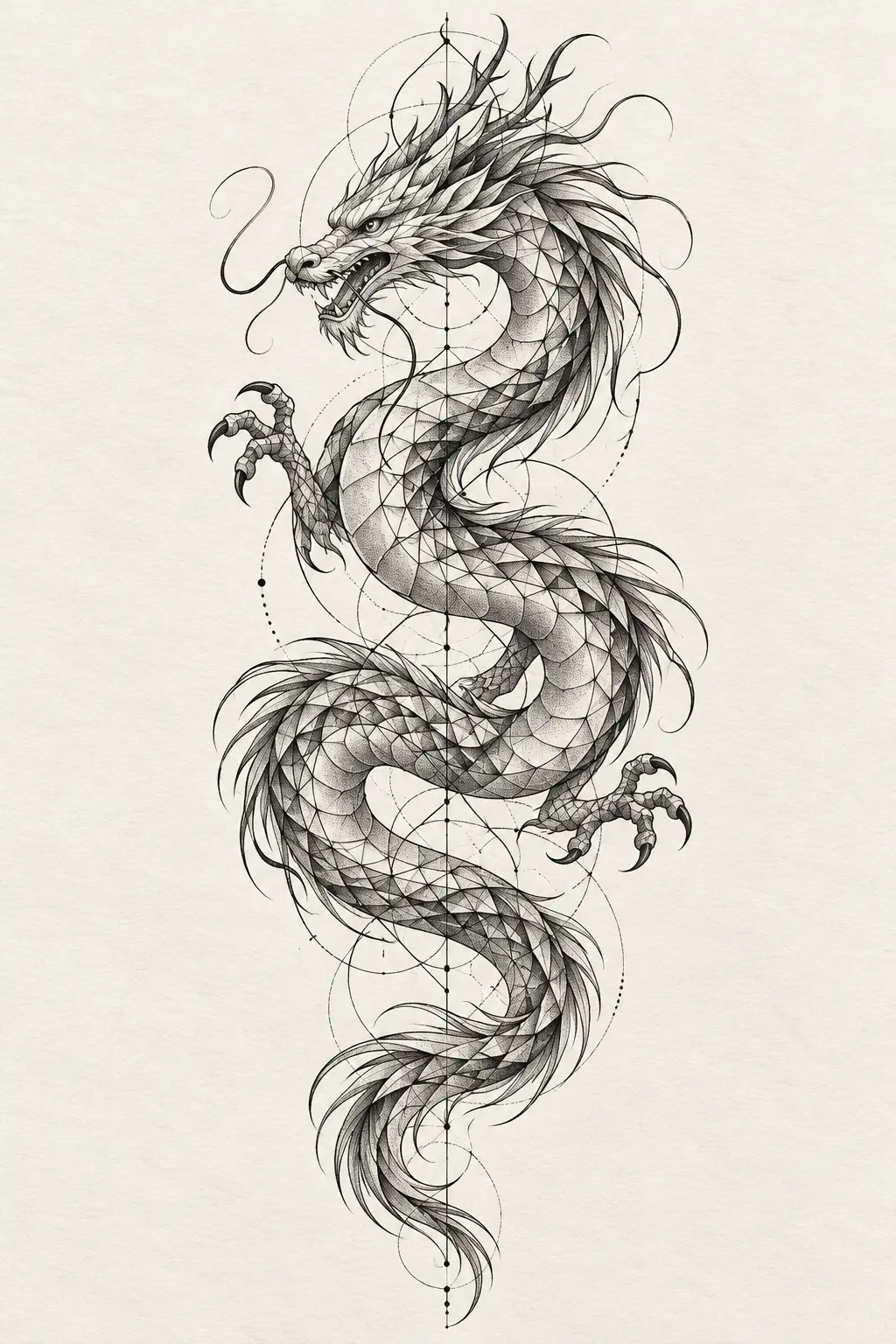 Imagem em alta resolução de tatuagem de dragao no estilo geométrico, referência para mao