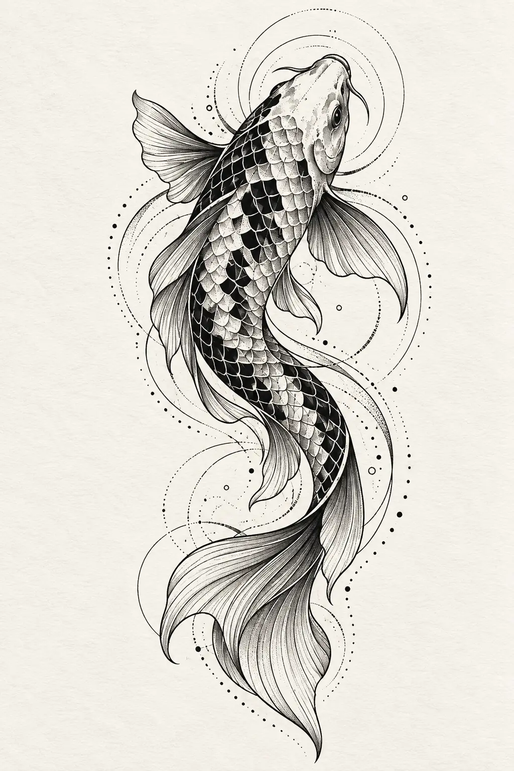 Imagem em alta resolução de tatuagem de carpa no estilo geométrico, referência para panturrilha