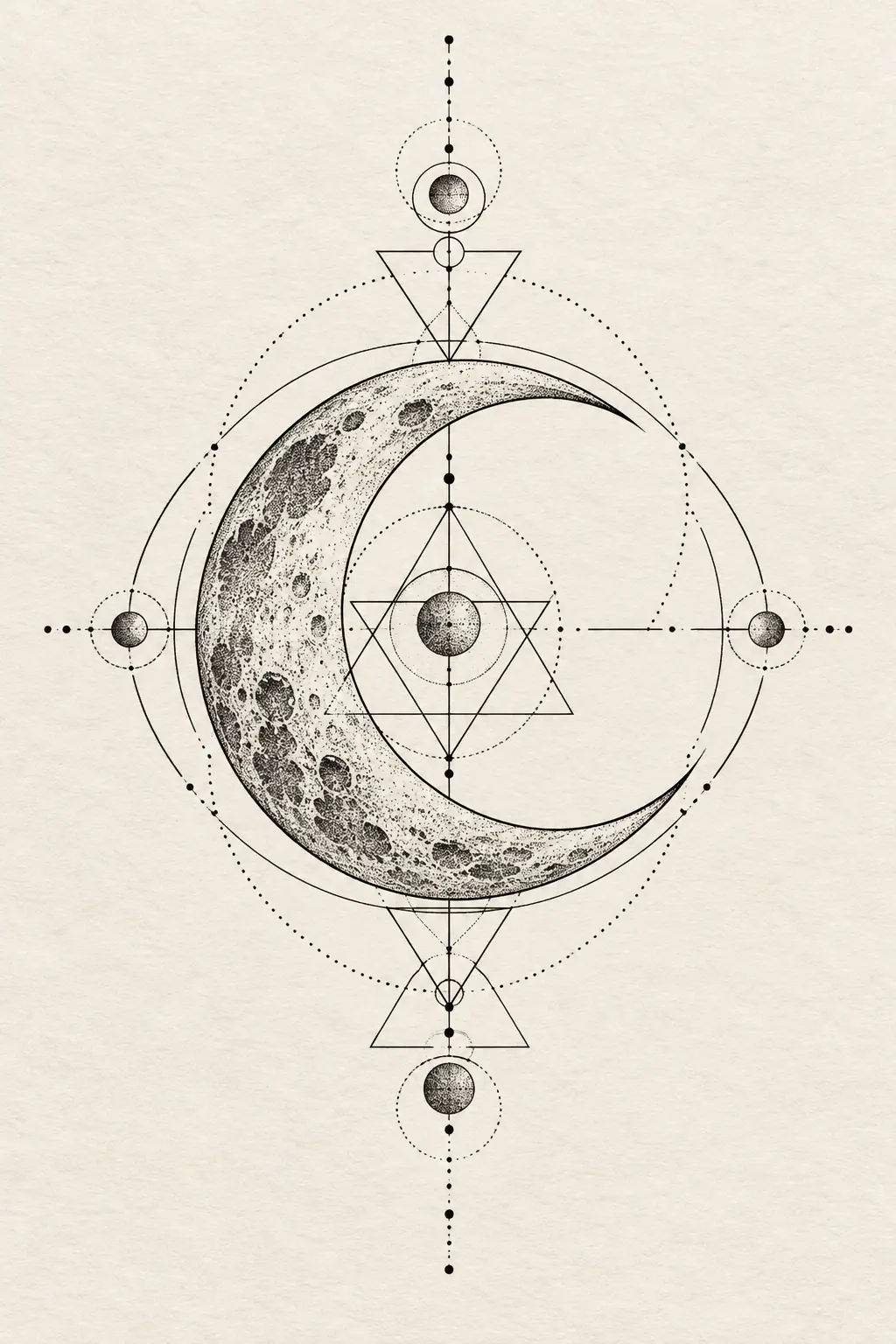 Imagem em alta resolução de tatuagem de lua no estilo geométrico, referência para ombro
