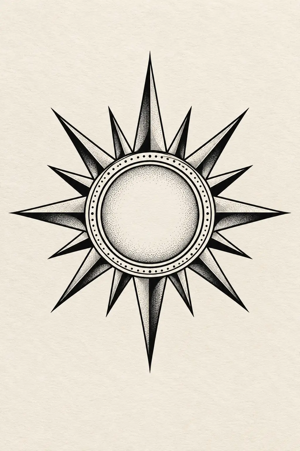 Imagem em alta resolução de tatuagem de sol no estilo geométrico, referência para costela