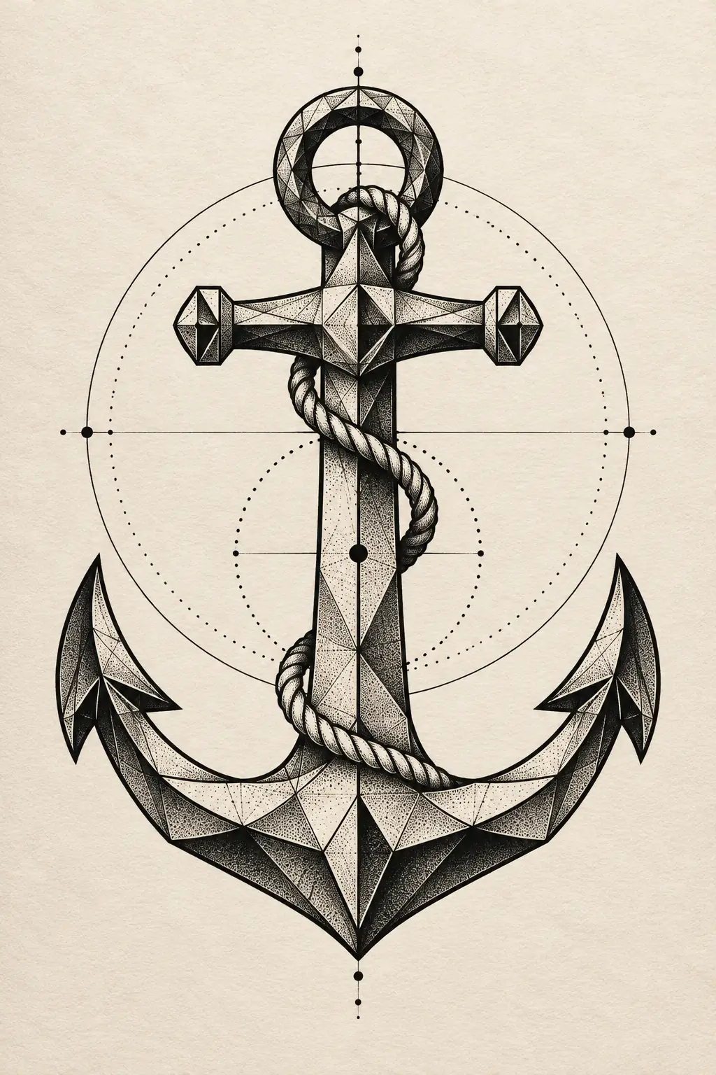 Imagem em alta resolução de tatuagem de ancora no estilo geométrico, referência para peito