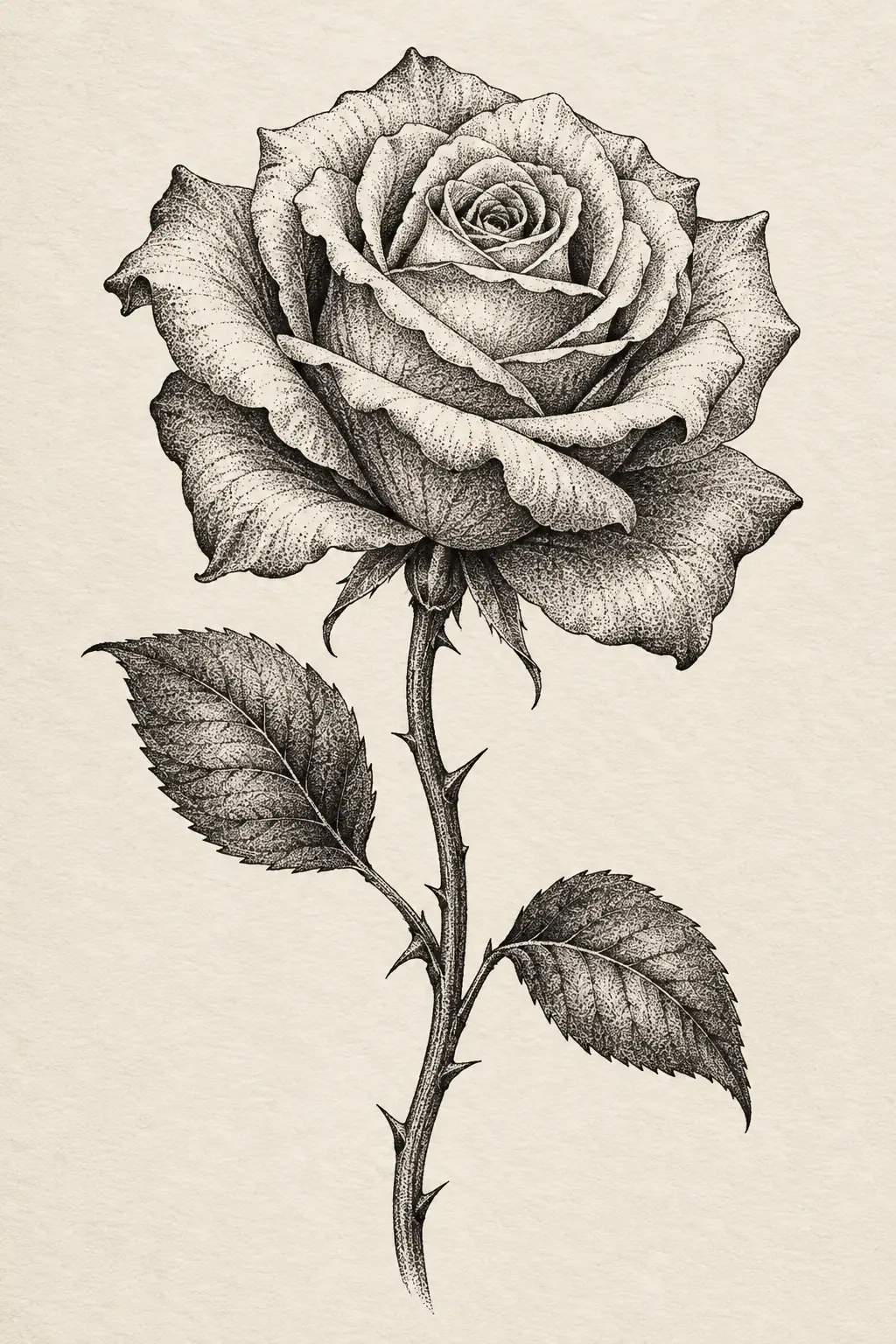 Imagem em alta resolução de tatuagem de rosa no estilo pontilhismo, referência para panturrilha