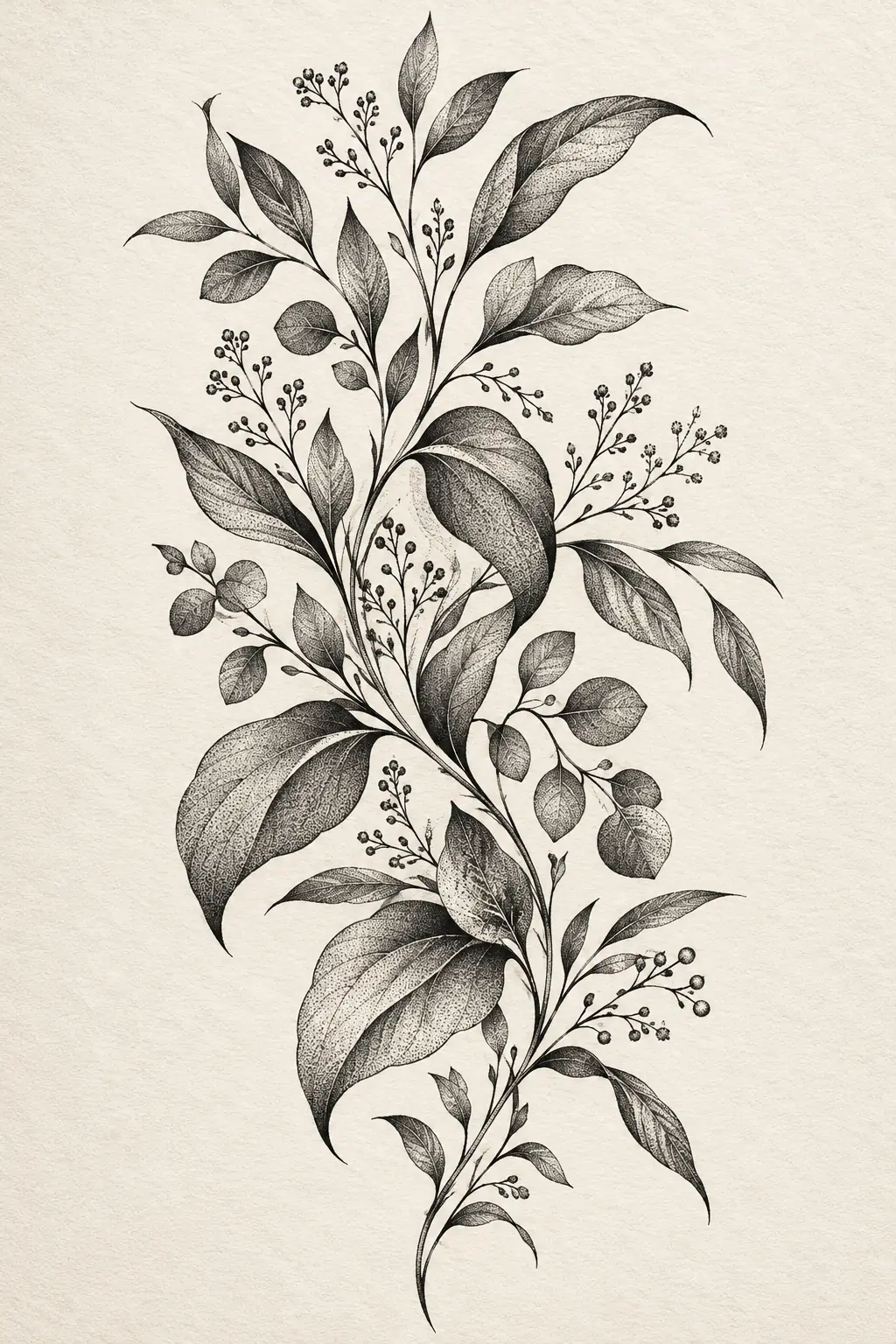 Imagem em alta resolução de tatuagem de folhagem no estilo pontilhismo, referência para fechamento