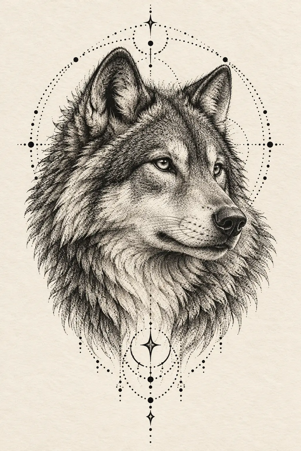 Imagem em alta resolução de tatuagem de lobo no estilo pontilhismo, referência para ombro