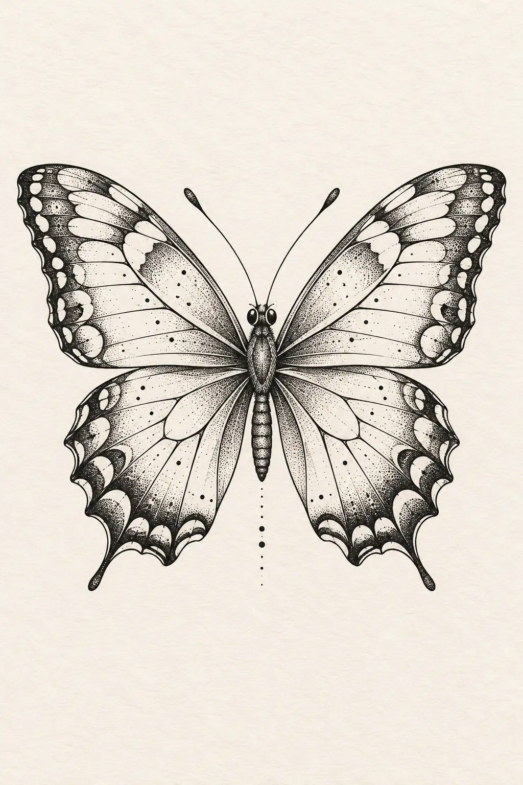 Imagem em alta resolução de tatuagem de borboleta no estilo pontilhismo, referência para perna