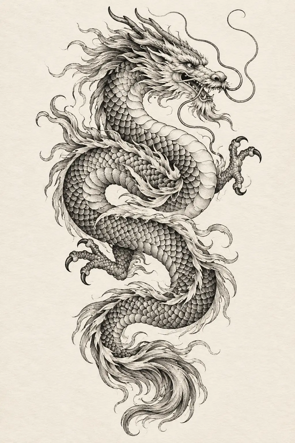 Imagem em alta resolução de tatuagem de dragao no estilo pontilhismo, referência para braco