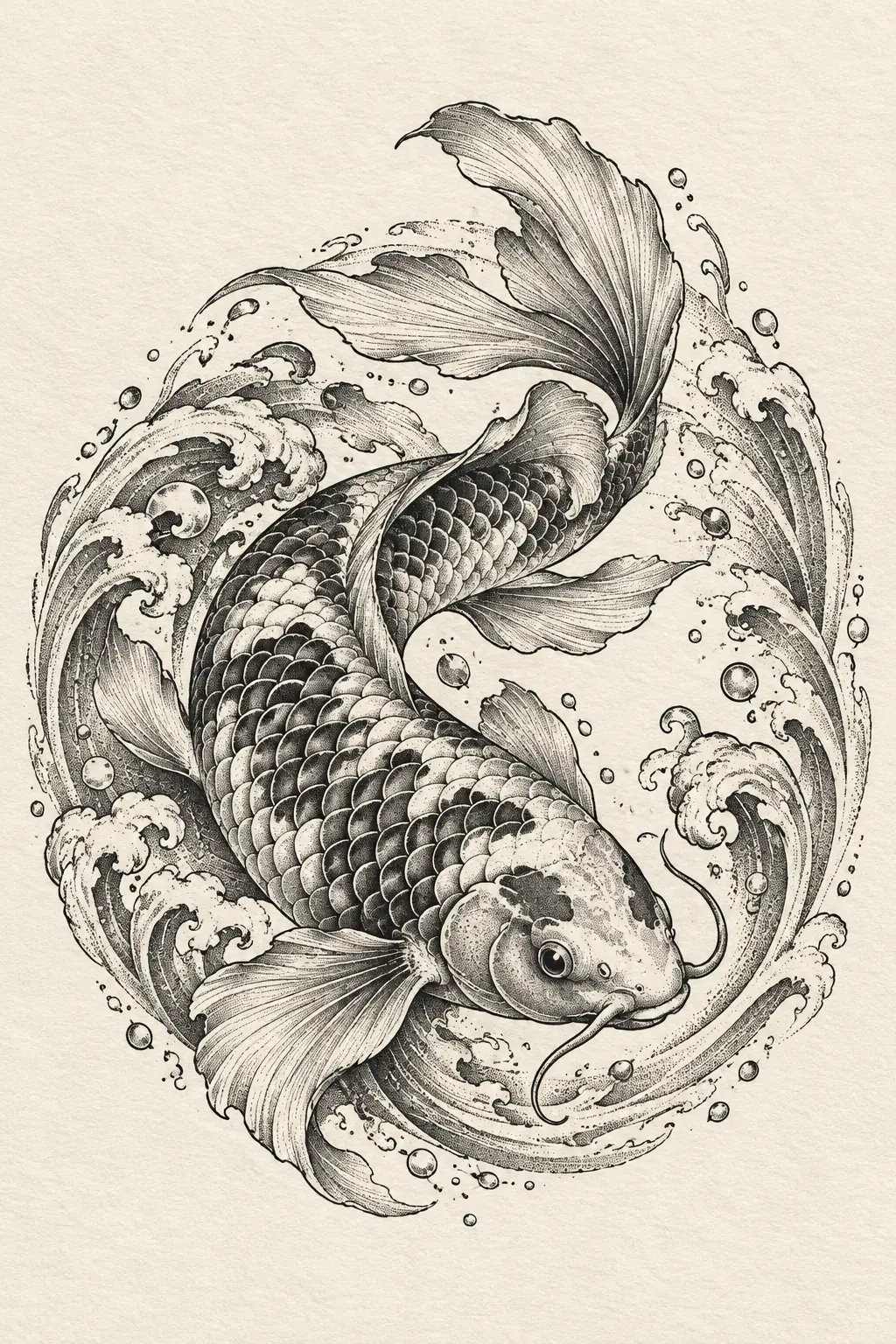 Imagem em alta resolução de tatuagem de carpa no estilo pontilhismo, referência para peito