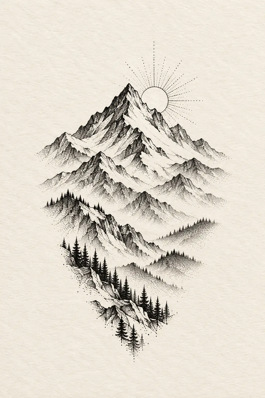 Imagem em alta resolução de tatuagem de montanha no estilo pontilhismo, referência para mao