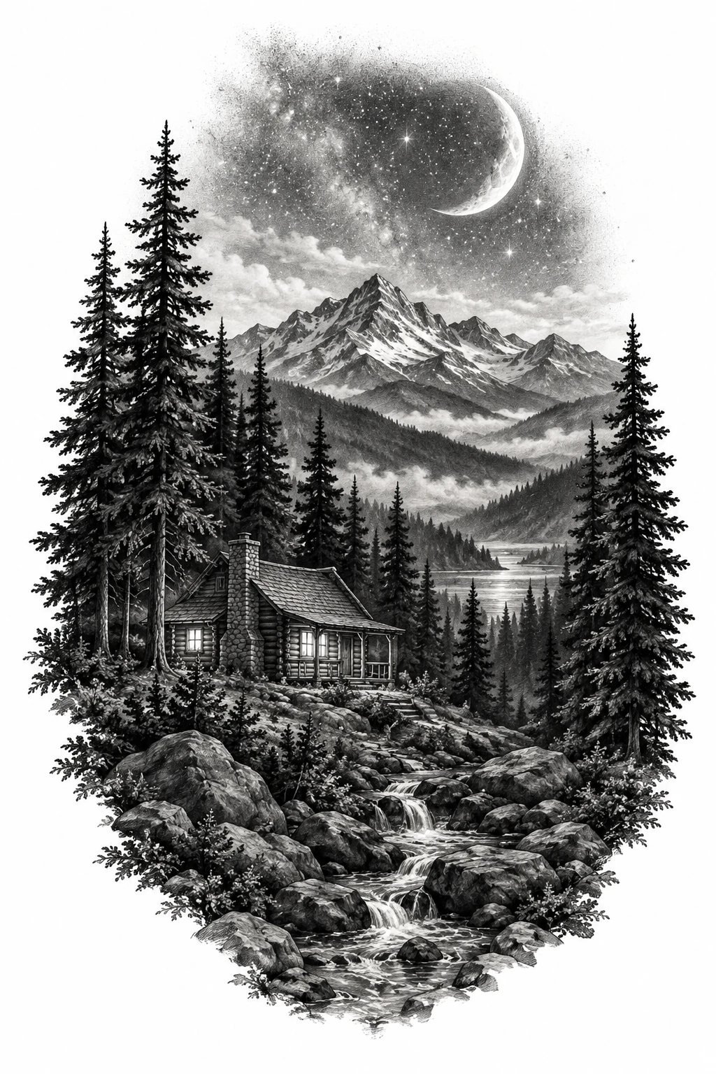 Desenho de tatuagem de Cabana sob a lua crescente, modelo NR-0436, em preto e cinza.