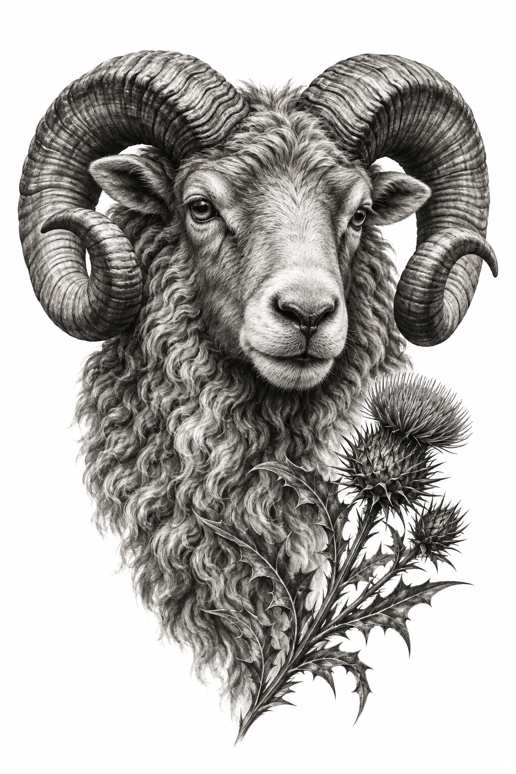 Desenho de tatuagem de Cabeça de carneiro com cardo, modelo NR-0437, em preto e cinza.