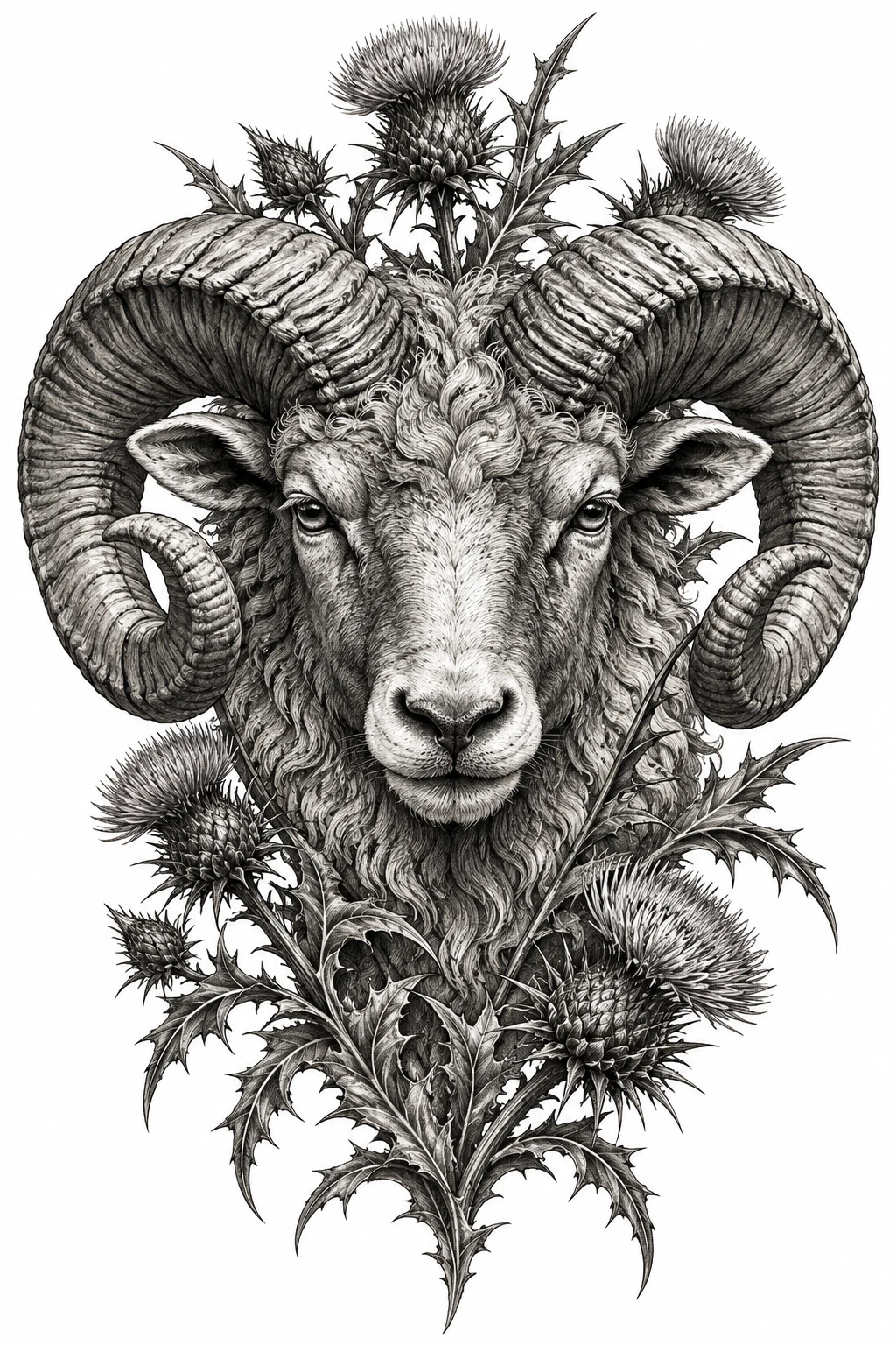 Desenho de tatuagem de Cabeça de carneiro entre cardos silvestres, modelo NR-0438, em preto e cinza.