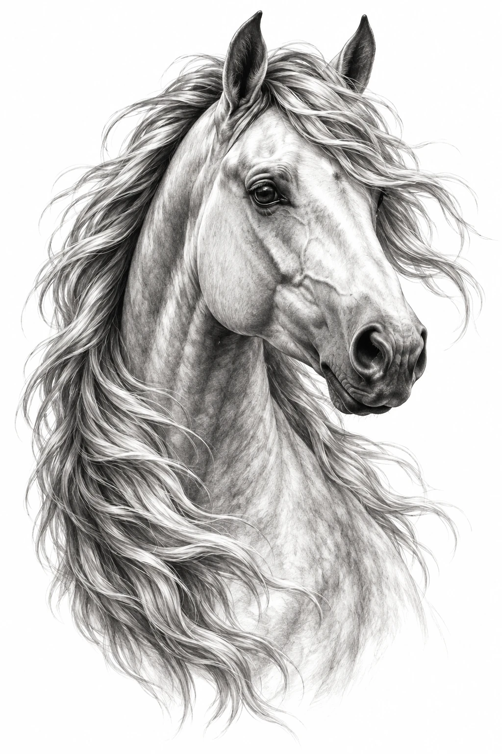 Desenho de tatuagem de Cabeça de cavalo andaluz em realismo, modelo NR-0439, em preto e cinza.