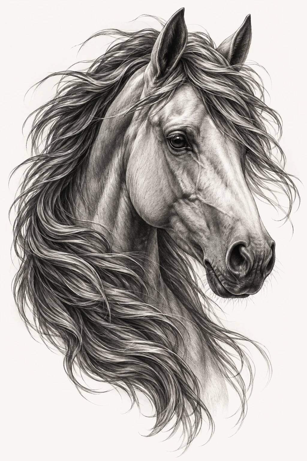 Desenho de tatuagem de Cabeça de cavalo com crina fluida(1), modelo NR-0440, em preto e cinza.