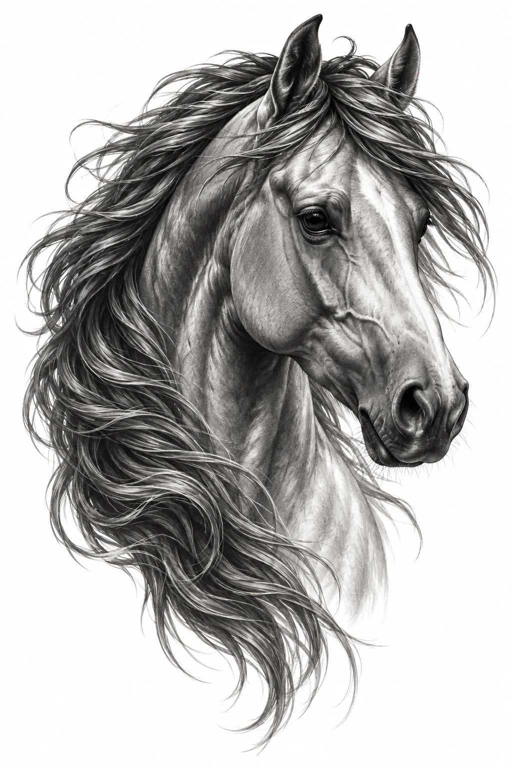Desenho de tatuagem de Cabeça de cavalo com crina fluida, modelo NR-0441, em preto e cinza.