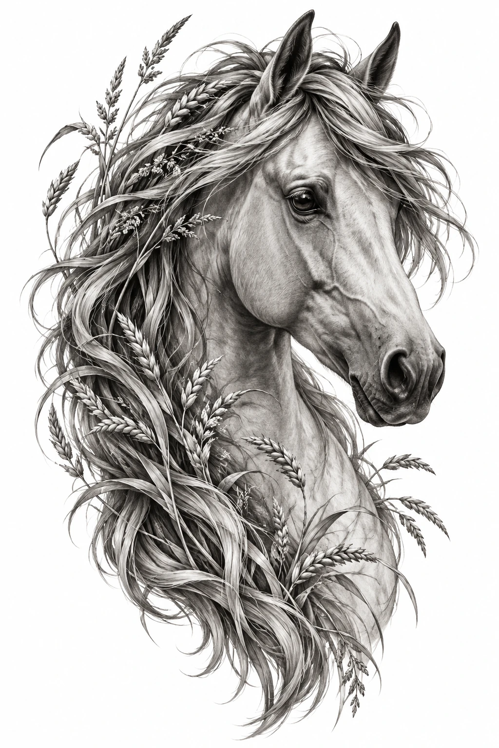 Desenho de tatuagem de Cabeça de cavalo entre capins do campo, modelo NR-0442, em preto e cinza.