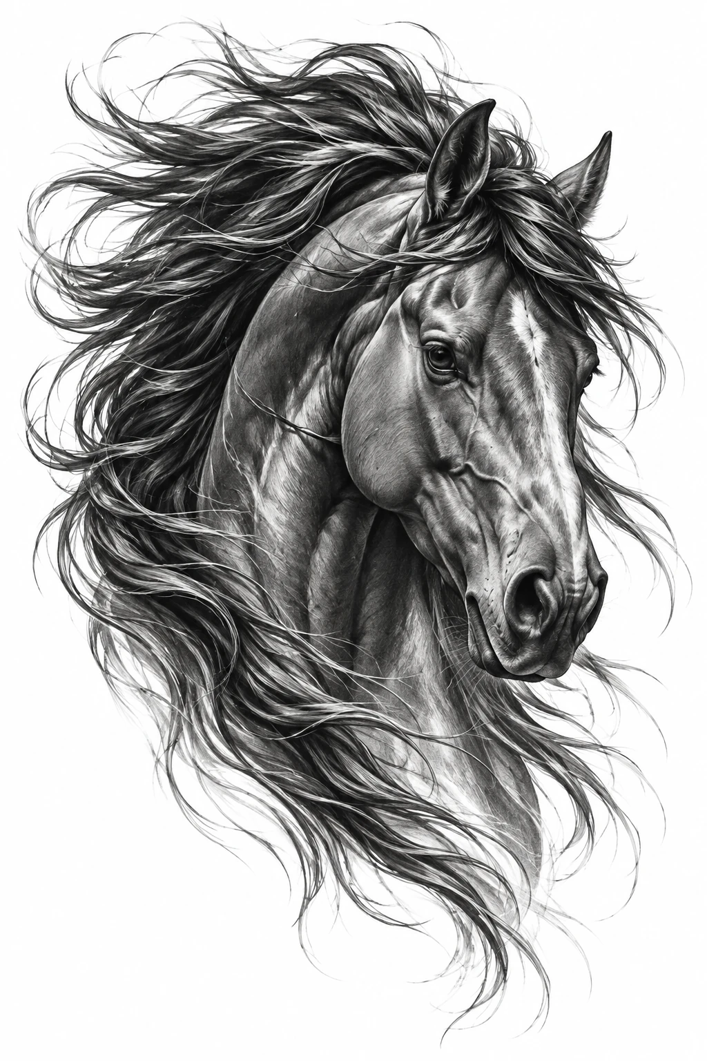 Desenho de tatuagem de Cabeça de cavalo selvagem em movimento, modelo NR-0443, em preto e cinza.