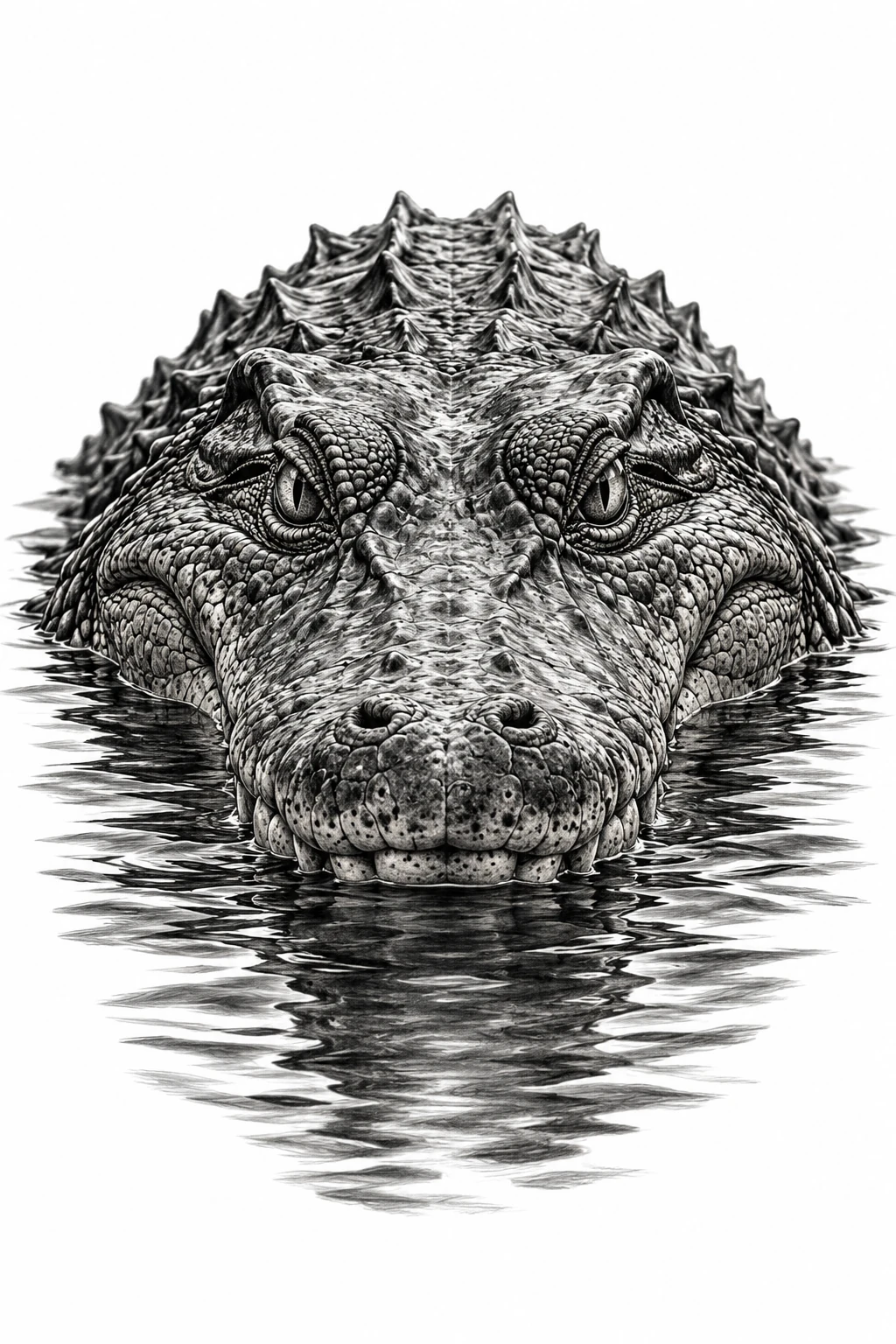 Desenho de tatuagem de Cabeça de crocodilo emergindo da água calma, modelo NR-0444, em preto e cinza.