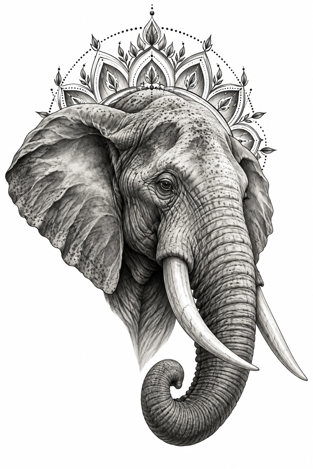 Desenho de tatuagem de Cabeça de elefante com mandala ornamental, modelo NR-0445, em preto e cinza.