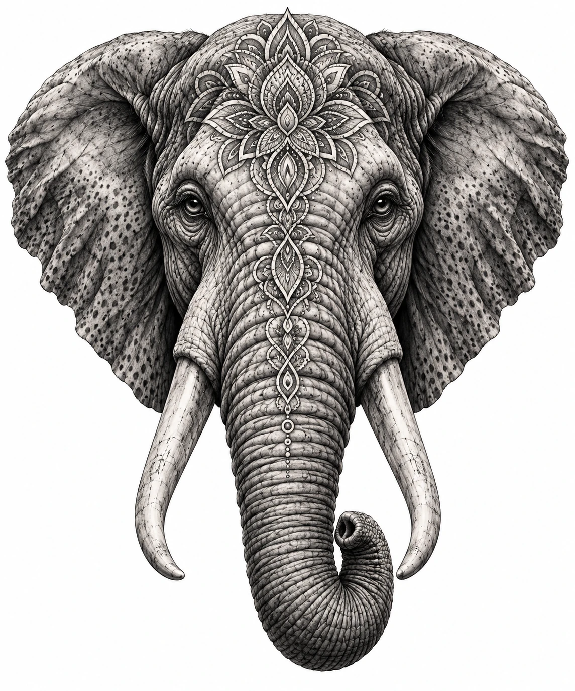 Desenho de tatuagem de Cabeça de elefante com mandala sutil, modelo NR-0446, em preto e cinza.