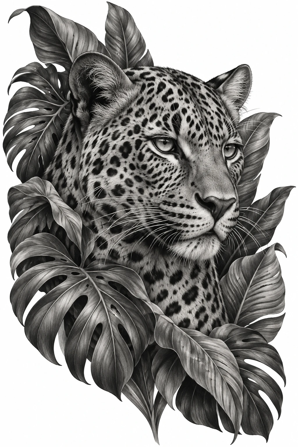 Desenho de tatuagem de Cabeça de leopardo entre folhas tropicais, modelo NR-0447, em preto e cinza.